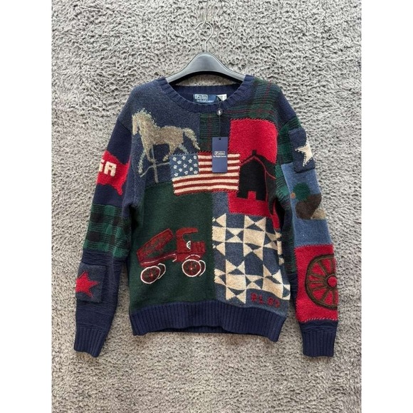 NWT Polo Ralph Lauren Flag Patchwork Wool Pullover Sweater Multicolor Men Size S
